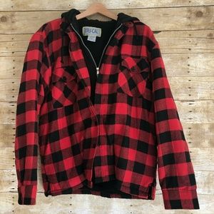 Red sherpa lined flannel jacket w/matching hat